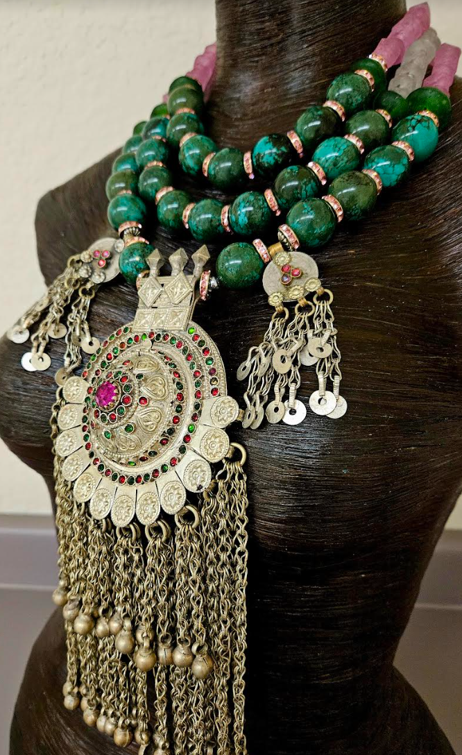Turquoise & Glass Beaded Waziri Gemstone Pendant Ethnic Luxury Necklace