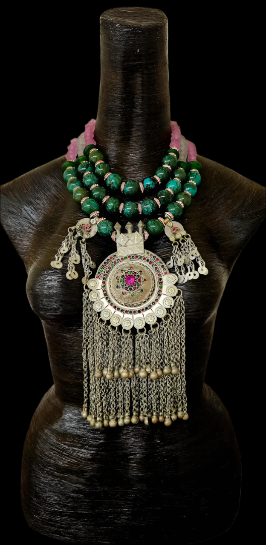 Turquoise & Glass Beaded Waziri Gemstone Pendant Ethnic Luxury Necklace