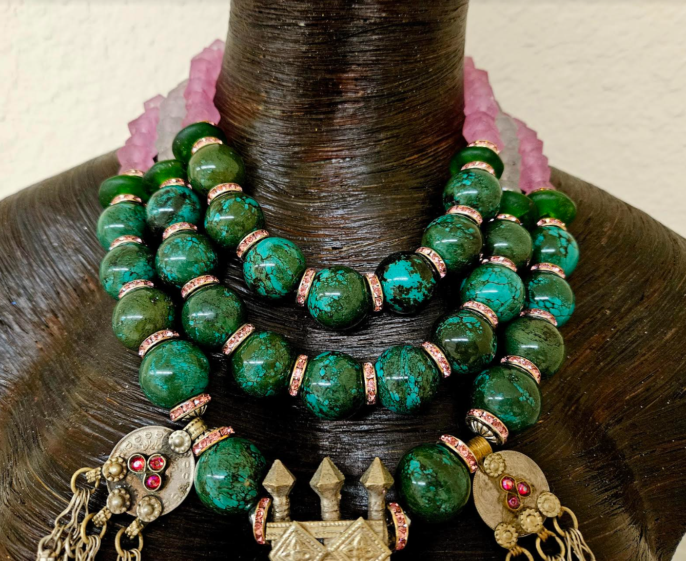 Turquoise & Glass Beaded Waziri Gemstone Pendant Ethnic Luxury Necklace