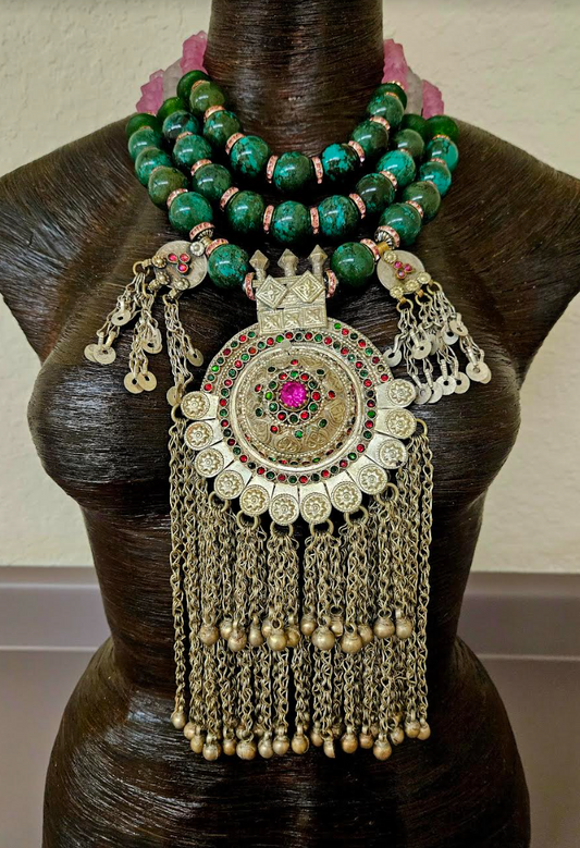 Bold Turquoise & Glass Tribal Chest Piece - Waziri Pendant