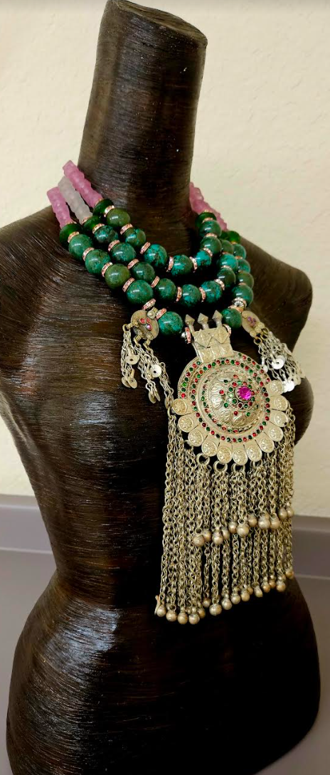 Turquoise & Glass Beaded Waziri Gemstone Pendant Ethnic Luxury Necklace