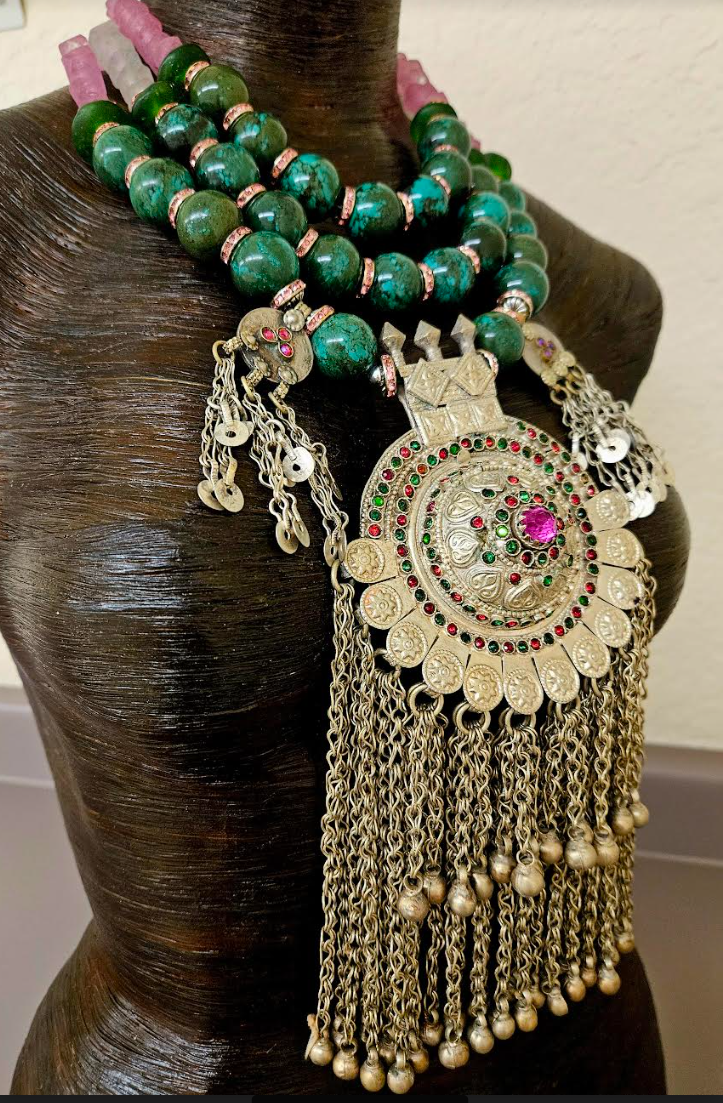 Turquoise & Glass Beaded Waziri Gemstone Pendant Ethnic Luxury Necklace