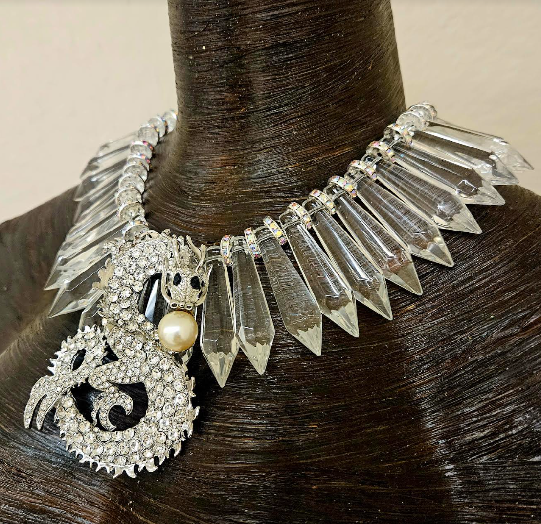 Rhinestone Dragon and Clear Crystal Statement Luxury Necklace Avant
