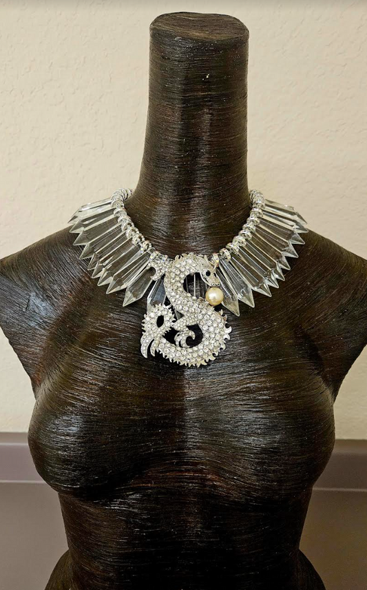 Rhinestone Dragon and Clear Crystal Statement Luxury Necklace