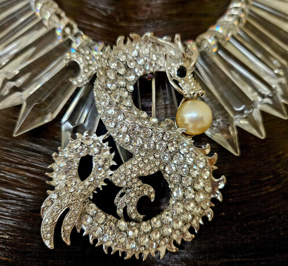 Rhinestone Dragon and Clear Crystal Statement Luxury Necklace Avant