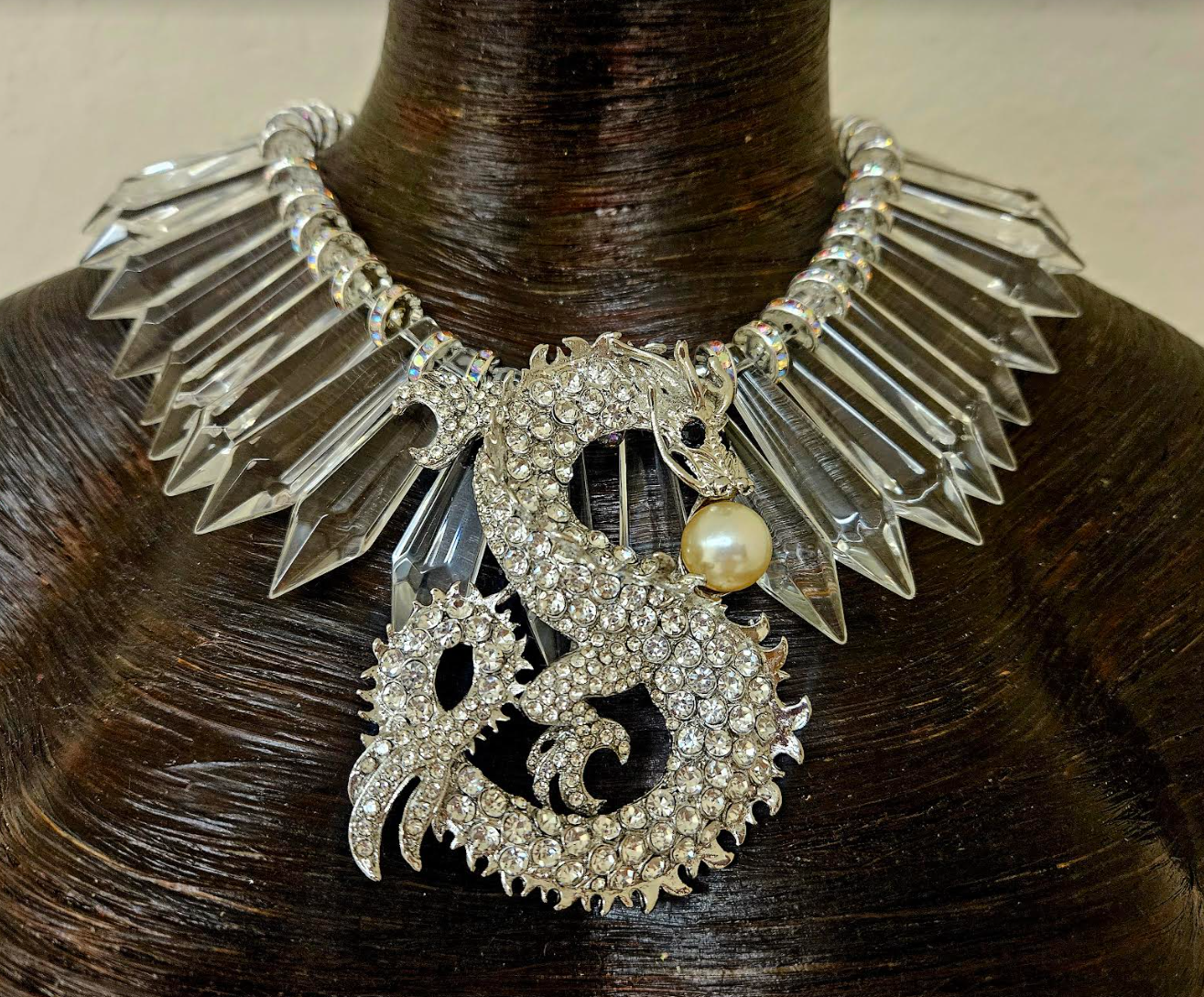 Rhinestone Dragon and Clear Crystal Statement Luxury Necklace Avant