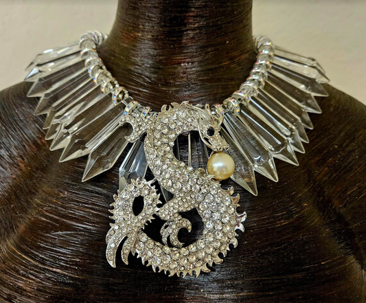Rhinestone Dragon and Clear Crystal Statement Luxury Necklace