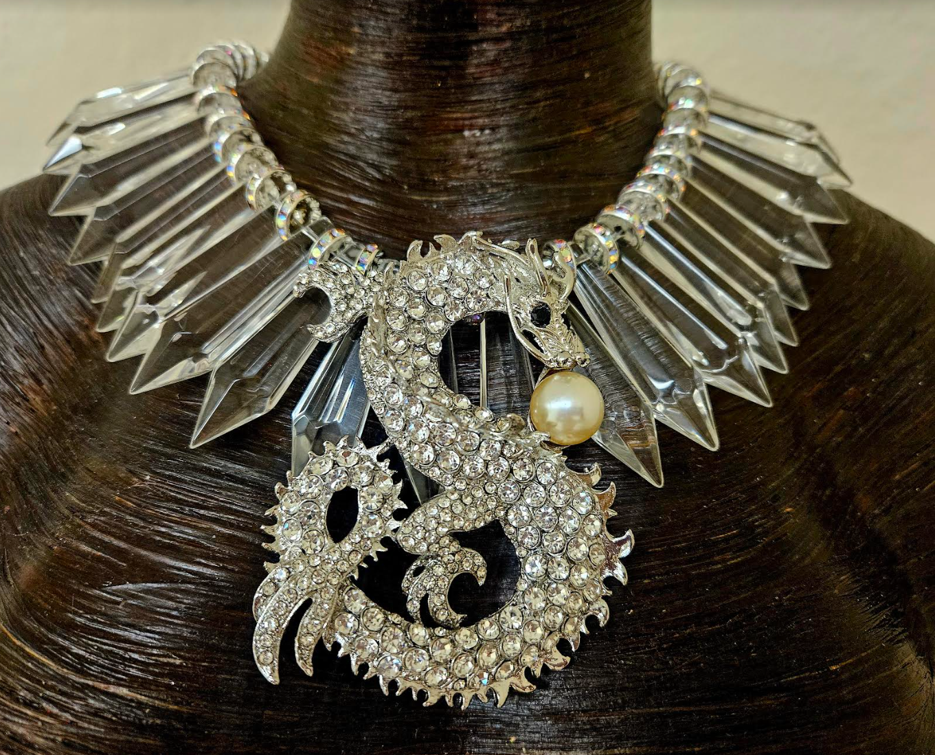 Rhinestone Dragon and Clear Crystal Statement Luxury Necklace Avant