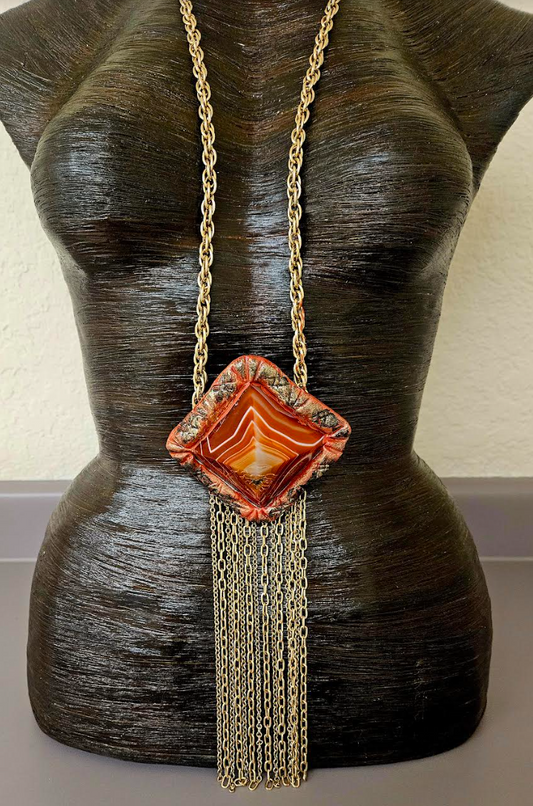 Red Agate Pyramid Sculpted Waterfall Chainmail Statement Gemstone Pend