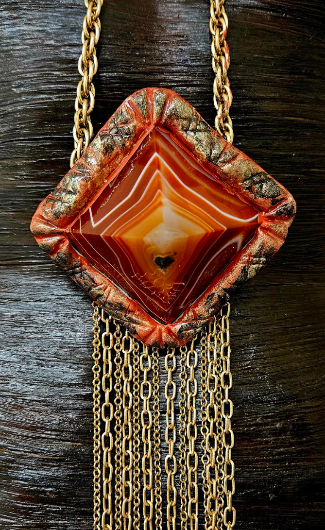 Red Agate Pyramid Sculpted Waterfall Chainmail Statement Gemstone Pend