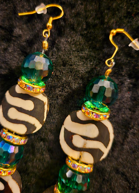 African Batik Bone & Emerald Green Crystal Dangle Statement Earrings