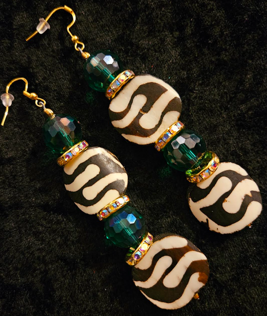 African Batik Bone & Emerald Green Crystal Dangle Statement Earrings