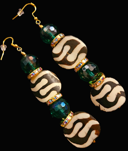 African Batik Bone & Emerald Green Crystal Dangle Statement Earrings