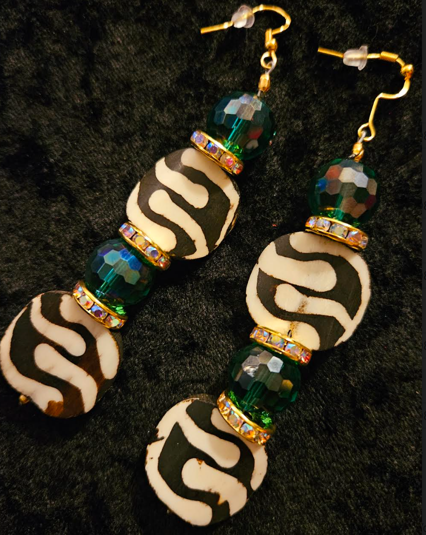 African Batik Bone & Emerald Green Crystal Dangle Statement Earrings