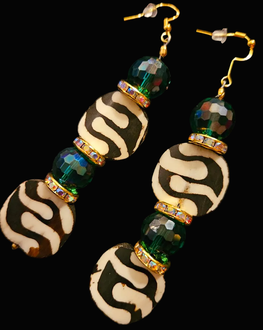 African Batik Bone & Emerald Green Crystal Dangle Statement Earrings
