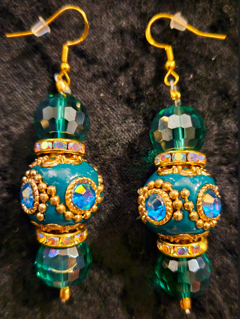 Emerald Green Polynesian & Crystal Beaded Dangle Statement Earrings