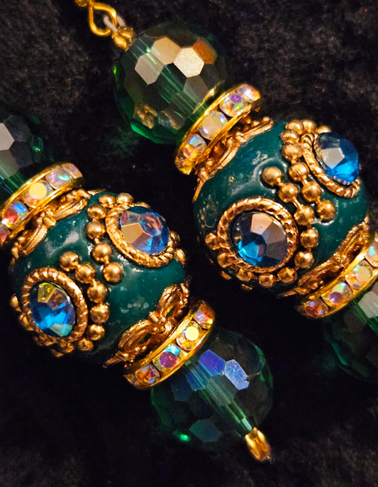 Emerald Green Polynesian & Crystal Beaded Dangle Statement Earrings