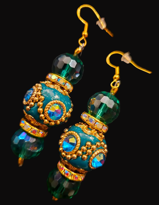 Emerald Green Polynesian & Crystal Beaded Dangle Statement Earrings