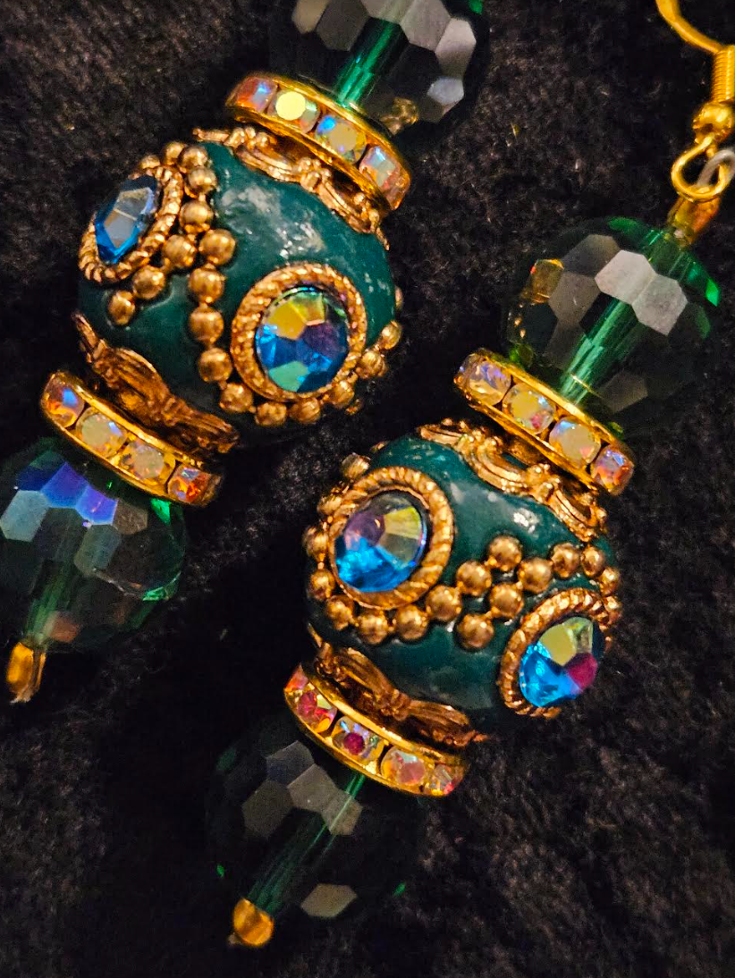 Emerald Green Polynesian & Crystal Beaded Dangle Statement Earrings