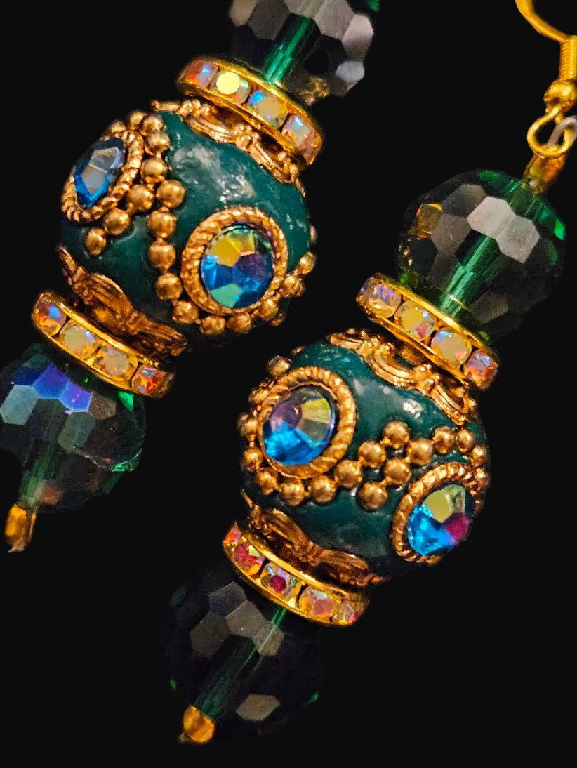 Emerald Green Polynesian & Crystal Beaded Dangle Statement Earrings