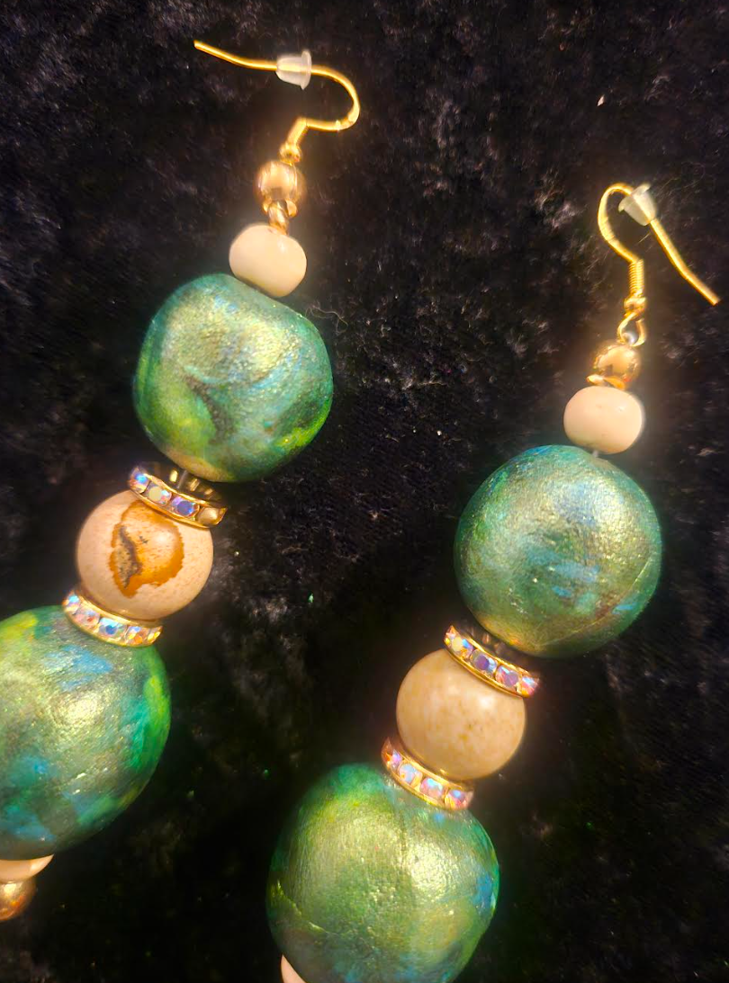 Green Gold & Beige Alcohol Ink Beaded Statement Earrings Artisan Scu