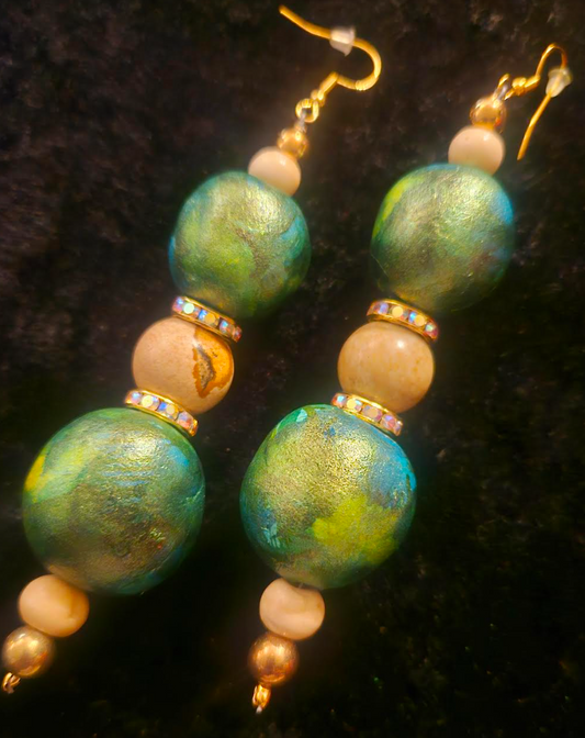 Green Gold & Beige Alcohol Ink Beaded Statement Earrings Artisan Scu
