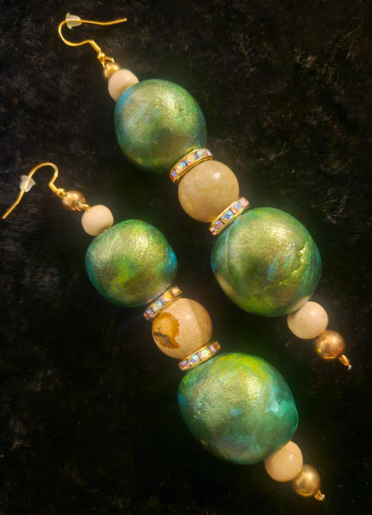Green Gold & Beige Alcohol Ink Beaded Statement Earrings - Artisan