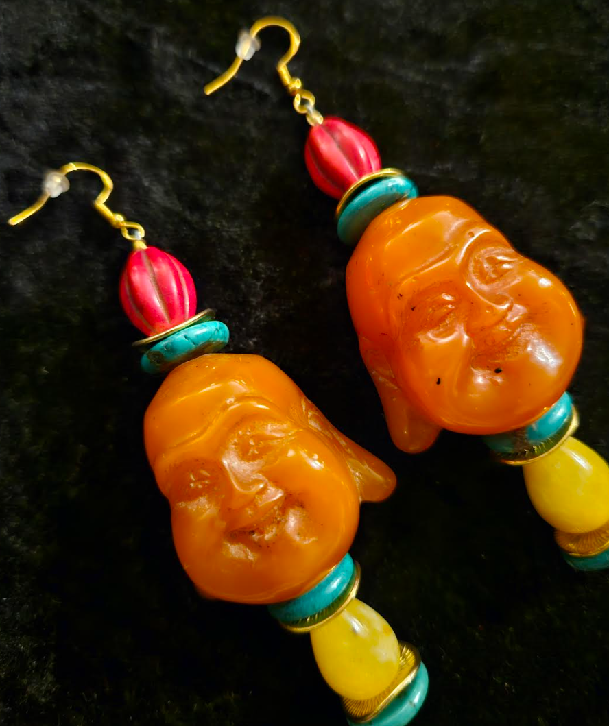 Funky Resin Buddha Tribal Pierced Statement Earrings Tibetan God Bea