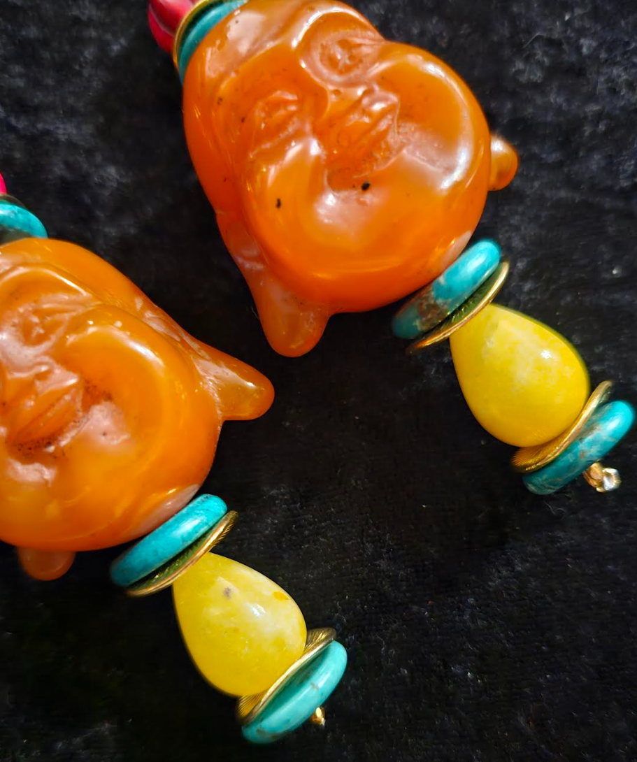 Funky Resin Buddha Tribal Pierced Statement Earrings Tibetan God Bea