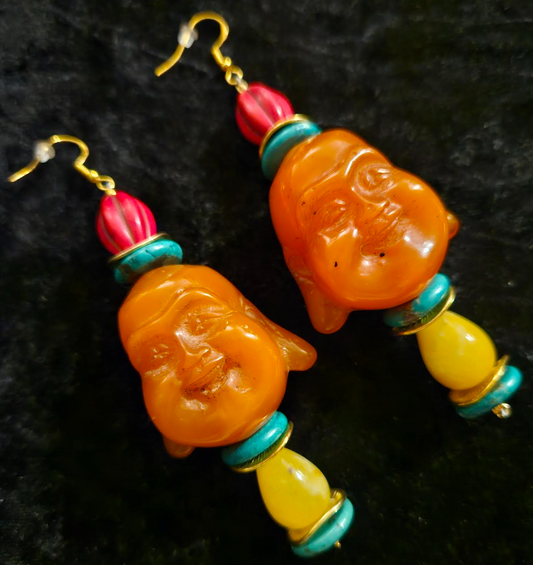 Funky Resin Buddha Tribal Pierced Statement Earrings Tibetan God Bea