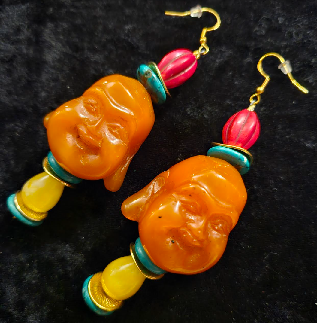 Funky Resin Buddha Tribal Pierced Statement Earrings Tibetan God Bea