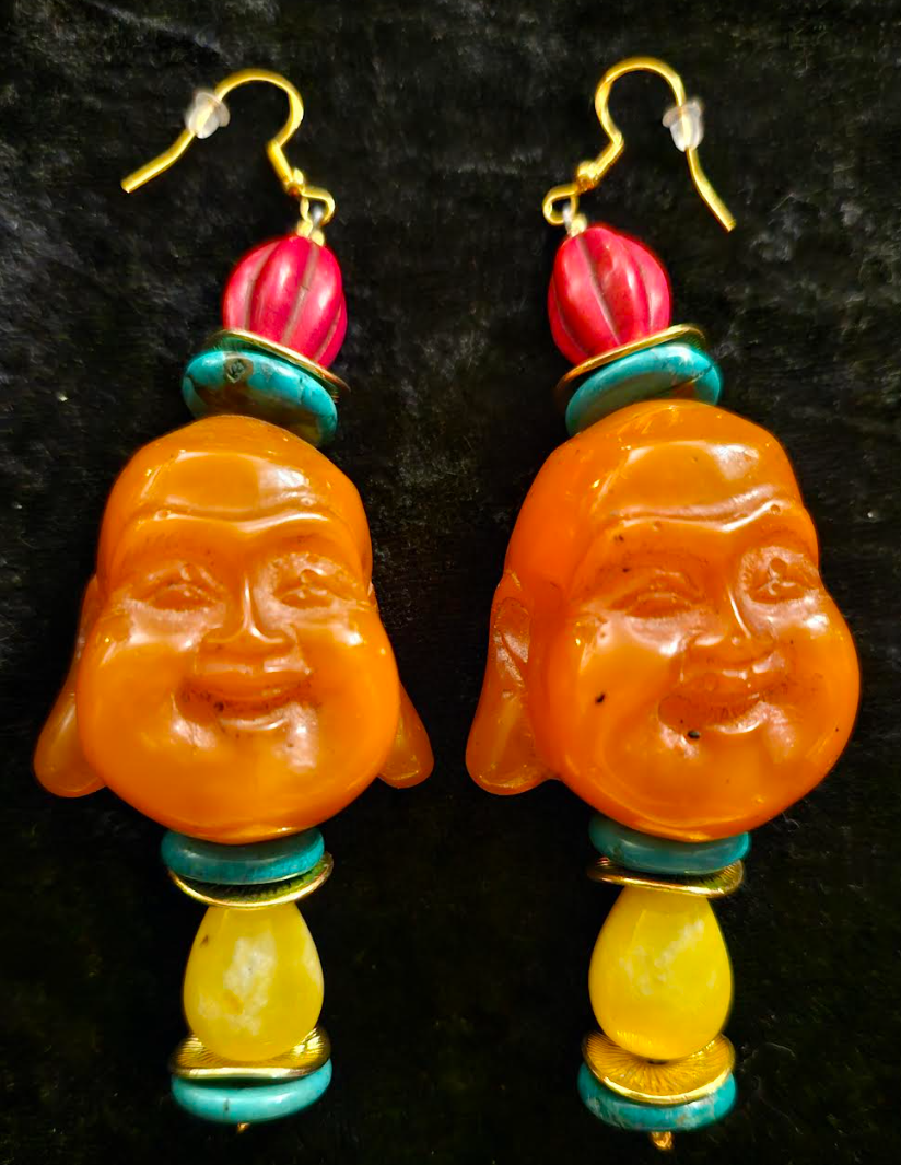 Funky Resin Buddha Tribal Pierced Statement Earrings Tibetan God Bea