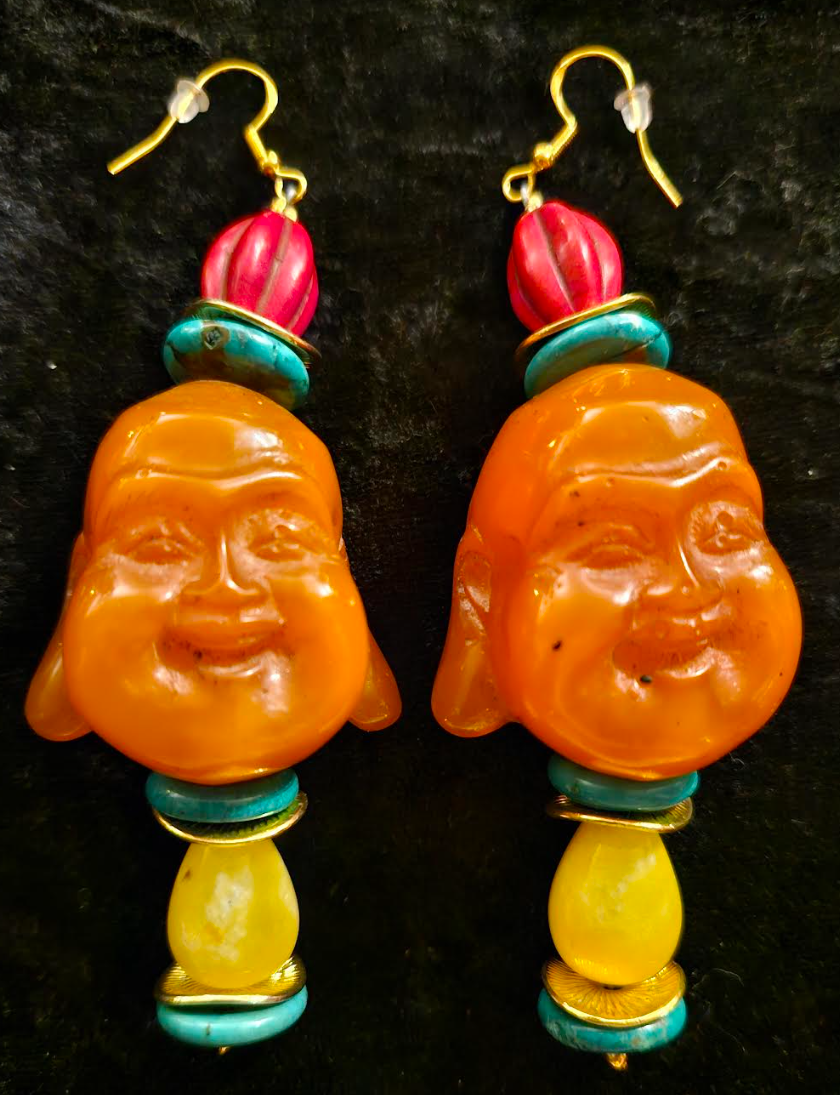 Funky Resin Buddha Tribal Pierced Statement Earrings Tibetan God Bea