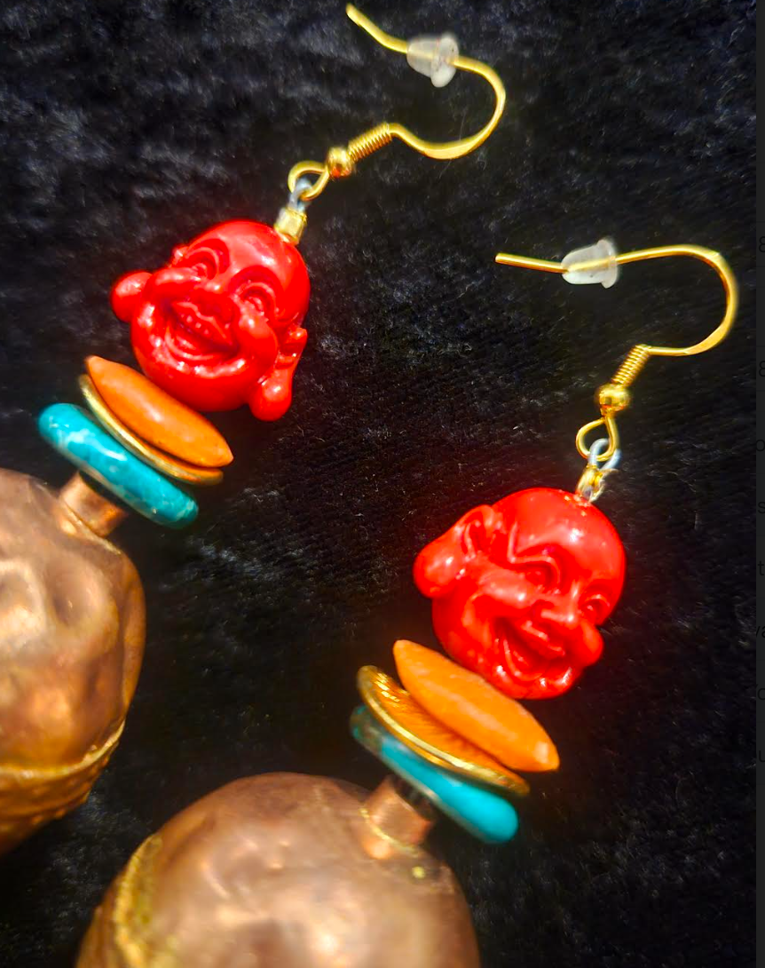 Buddha and Ethiopian Copper Beaded Dangle Statement Earrings Exotic
