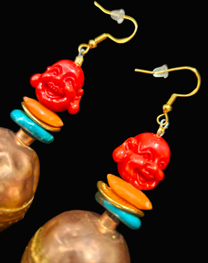 Buddha & Ethiopian Copper Beaded Dangle Tribal Statement Earrings