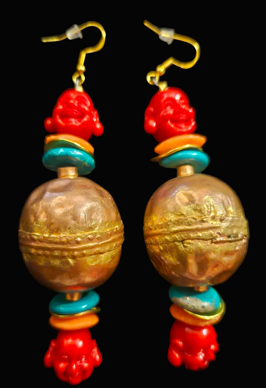 Buddha & Ethiopian Copper Beaded Dangle Tribal Statement Earrings