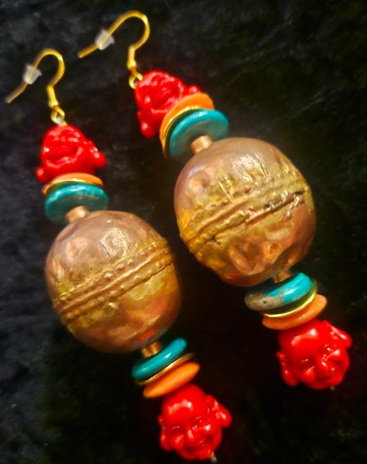 Buddha and Ethiopian Copper Beaded Dangle Statement Earrings Exotic