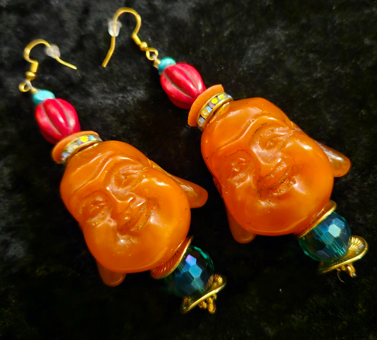 Orange Resin Buddha Head Pierced Statement Earrings Whimsical Tibeta
