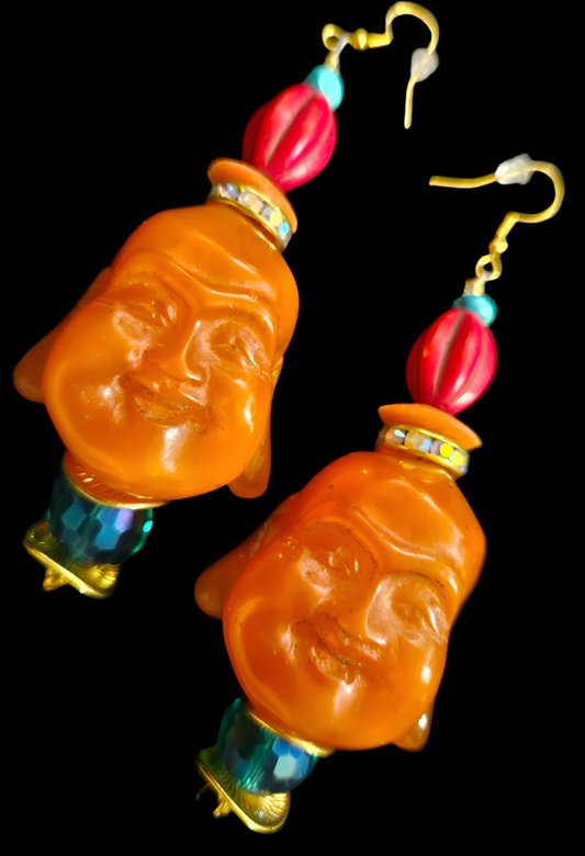 Orange Resin Buddha Head Pierced Statement Earrings Whimsical Tibeta