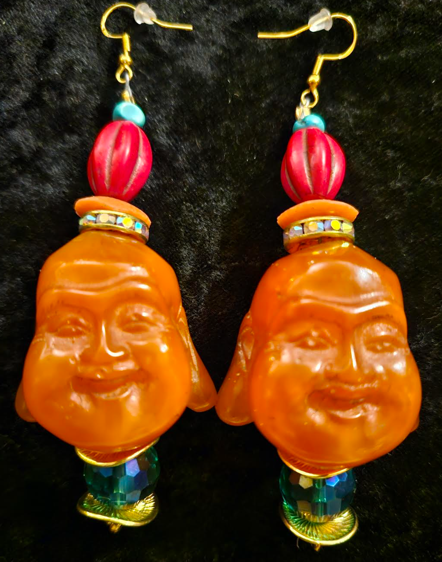 Orange Resin Buddha Head Pierced Statement Earrings Whimsical Tibeta