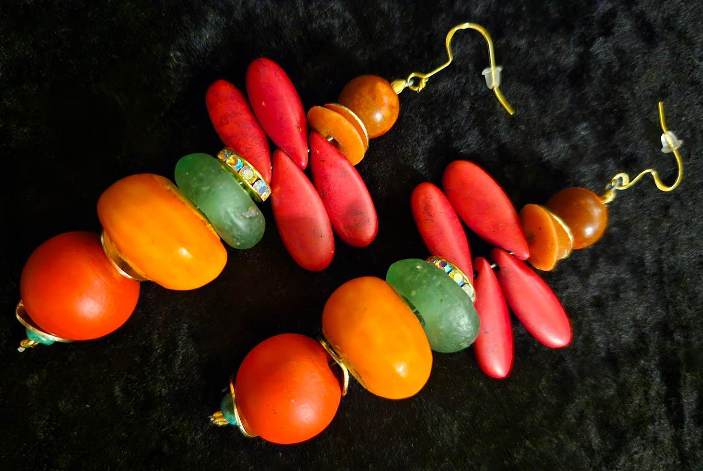 Red Green and Orange Beaded Dangle Pierced Statement Earrings Tropic