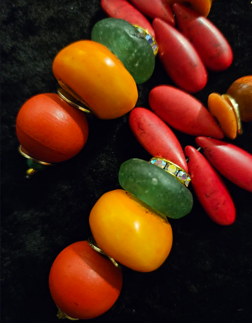 Red Green and Orange Beaded Dangle Pierced Statement Earrings Tropic