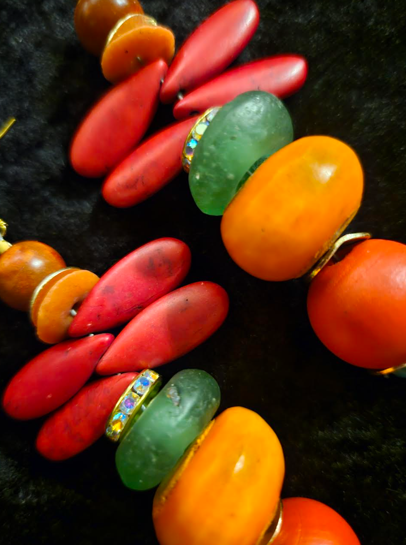 Red Green and Orange Beaded Dangle Pierced Statement Earrings Tropic
