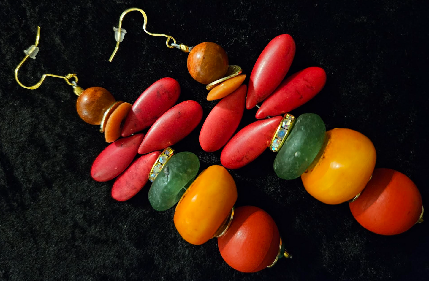 Red Green and Orange Beaded Dangle Pierced Statement Earrings Tropic