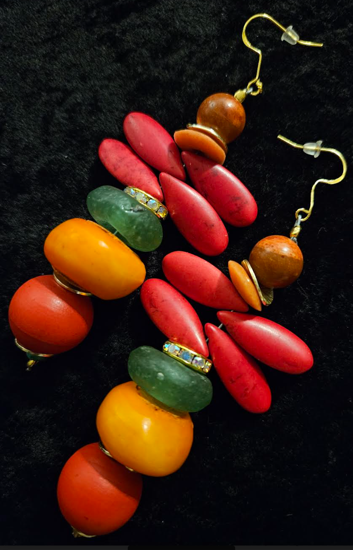 Red Green and Orange Beaded Dangle Pierced Statement Earrings Tropic