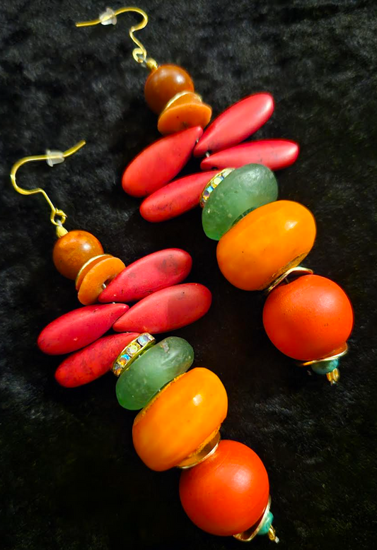 Red Green and Orange Beaded Dangle Pierced Statement Earrings Tropic