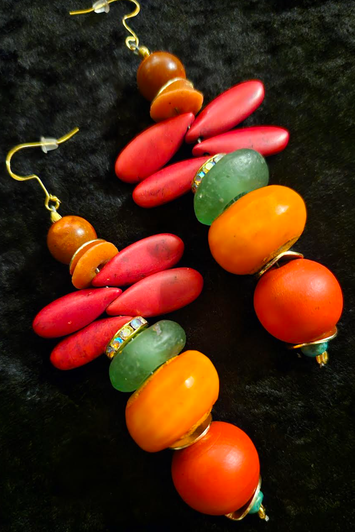 Red Green and Orange Beaded Dangle Pierced Statement Earrings Tropic