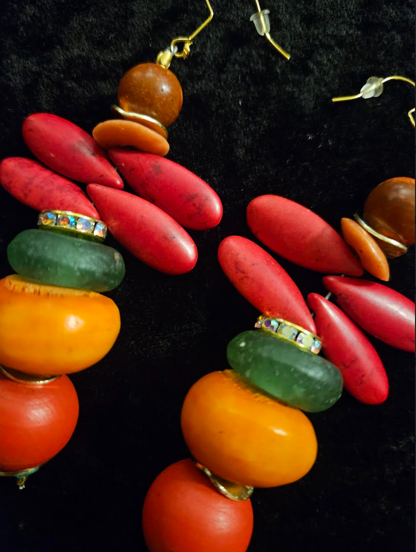 Red Green and Orange Beaded Dangle Pierced Statement Earrings Tropic