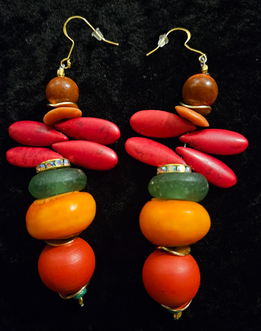 Red Green and Orange Beaded Dangle Pierced Statement Earrings Tropic