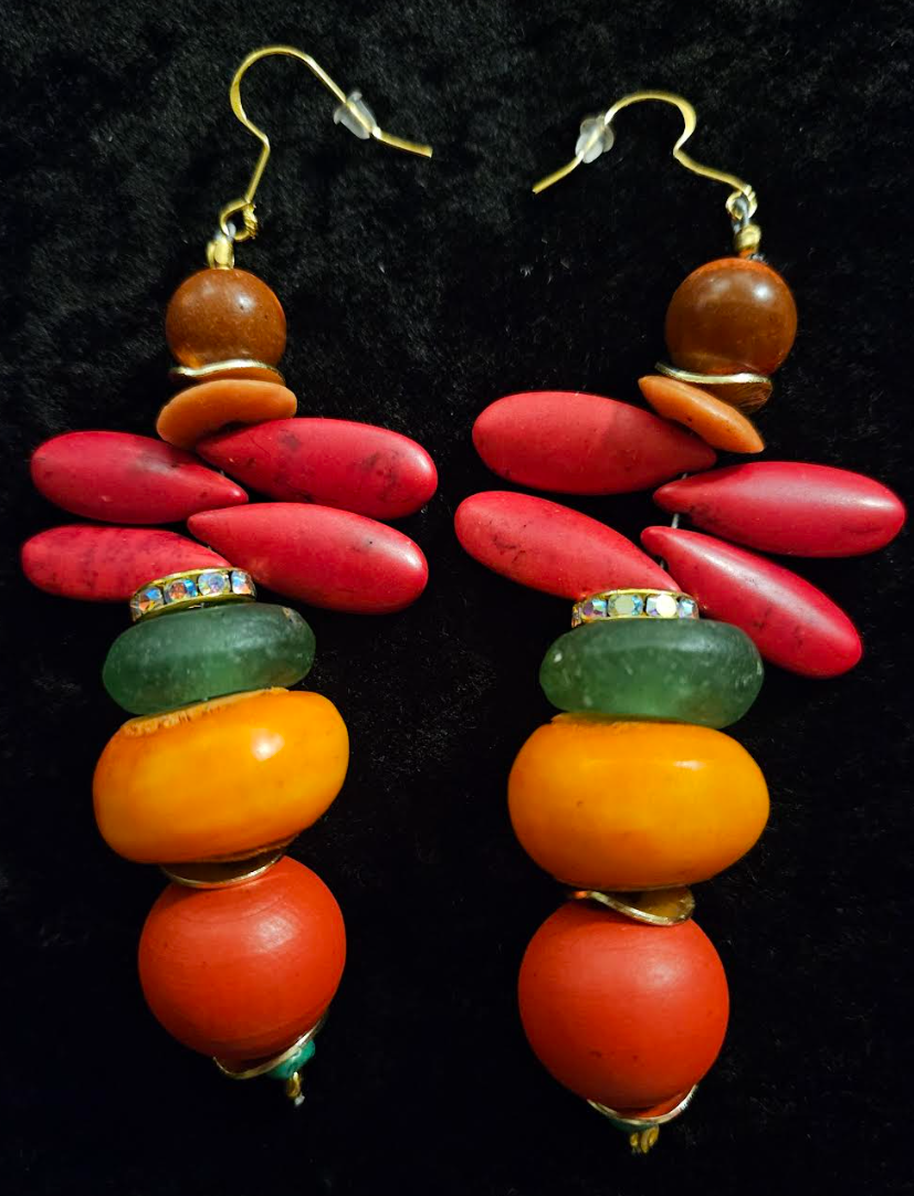 Red Green and Orange Beaded Dangle Pierced Statement Earrings Tropic